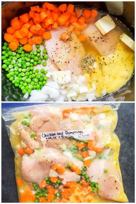 13 Crockpot Freezer Dump Meals For Busy Nights – Slay At Home Mother Chicken And Dumplings Recipe With Biscuits, Chicken And Dumplings With Biscuits, Dumplings With Biscuits, Chicken Freezer Meals, Crockpot Chicken And Dumplings, Crockpot Meal, Freezer Dinners, Slow Cooker Freezer Meals, Homemade Comfort Food