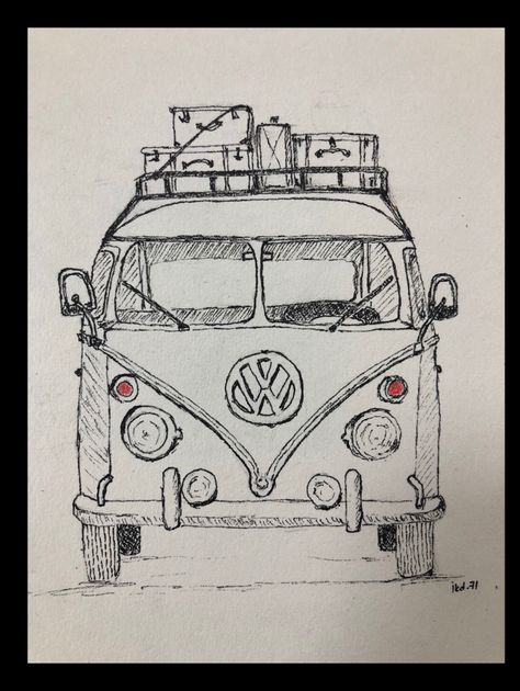 Vw Van Drawing, Vw Bus Drawing, Van Drawing, Bus Drawing, Inktober 2023, Inktober 2024, Combi Vw, Vw Van, School Art