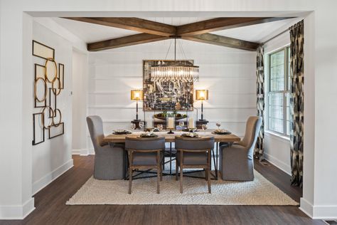 Formal dining room with wooden beam ceiling, shiplap and chandelier Custom Home Floor Plans, Beam Ceiling, Dining Room Ceiling, Home Floor Plans, Fredericksburg Va, Construction Home, Elegant Dining Room, Rustic Chandelier, Farmhouse Dining Room