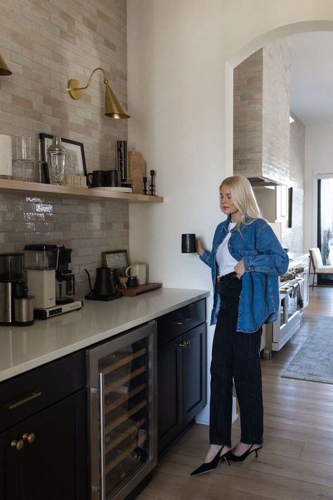 One of my favorite little nooks in our new house is our Butler’s Pantry! I love that this space is both functional and aesthetically pleasing! We continued the tile from the wall in our kitchen and it look so cohesive. We used a natural wood open shelving unit, giving us plenty of storage and countertop space. We also added a wine cooler — perfect for entertaining guests or just enjoying a glass after a long day at work! Tap to see all the details of this space and my coffee bar must haves! Coffee Bar Must Haves, Bar Must Haves, Pantry Coffee Bar, Kathleen Post, Coffee/wine Bar, Open Shelving Units, Butler’s Pantry, Cozy Christmas Decor, Coffee Bars In Kitchen