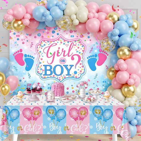 PRICES MAY VARY. 🍼【Packages include】The bright pink and blue gender reveal includes 1pcs boy or girl tablecloth(53.93in*107.8in);1pcs boy or girl backdrop(59in*39.3in);sand white balloons(5in*5,10in*10),pink balloons(5in*15,10in*10),Macaron blue balloons(5in*20,10in*20),gold balloons(10in*10),confetti balloons(12in*5),1pcs balloon chain,1pcs dot glue,total is 109pcs in the exquisite packages for the gender reveal party decoration. 🍼【Premium material】 The material of the tablecloth is made of P Pink And Blue Gender Reveal Decorations, Diy Gender Reveal Balloon, Baby Gender Reveal Decorations, Pink And Blue Gender Reveal, Tablecloth Diy, Boy Or Girl Gender Reveal, Blue Gender Reveal, Diy Tablecloth, Party Supply Kits