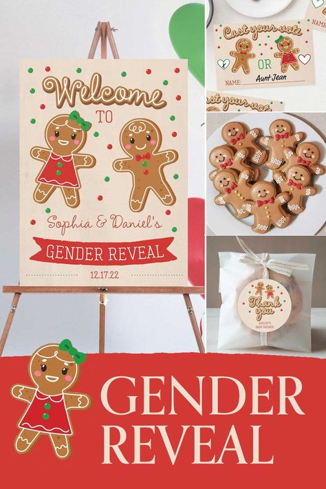 Looking for a gender reveal theme for the Christmas season? Put on your baking apron and start planning your gingerbread gender reveal party! Everyone will be so excited to celebrate your girl or boy reveal! We have festive invitations, signs, voting cards, games, raffles, party favor ideas, decorations, cookies and powder cannons! Gender Reveal January Party Ideas, Gender Reveal Gingerbread Cookies, Unique Gender Reveal Ideas Christmas, Gingerbread Man Gender Reveal, Gender Reveal Ideas For Christmas Time, Gender Reveal Party Christmas Theme, Gingerbread Gender Reveal Cake, Unique Gender Reveal Themes Winter, Gingerbread Reveal Party