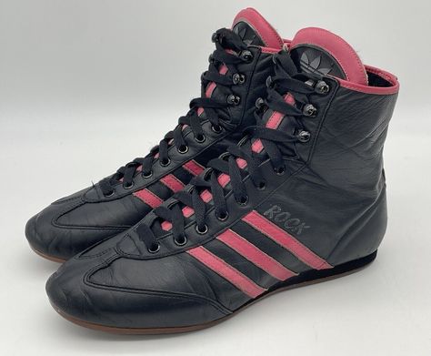 Vintage Adidas "Rock" High Top Black & Pink Leather Boxing/Wrestling Shoes  Size: 8 US Approximate insole measures 10" in  Condition: Pre-owned in good to well-worn condition.  Gently worn upper soft leather with scuff marks and "Rock" Logo fade;  Well-worn lining, insoles have unglued but in overall good condition;  well-worn midsoles and hardened/dried up outsole.  No Shoe Box No other information to be found on shoes, please refer to pics Rock Logo, Boxing Boots, Wrestling Shoes, Leather Box, Black High Tops, Vintage Adidas, Pink Leather, Shoe Box, On Shoes