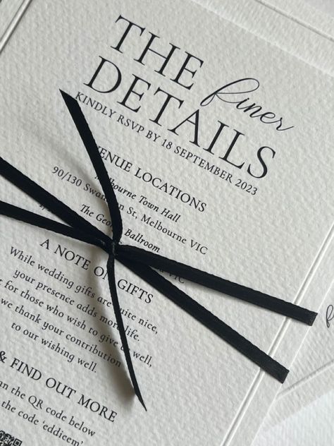 Black and White simple and classic wedding invitations with black ribbon tie Wedding Decorations Elegant Modern, Formal Wedding Invitations Black Tie, Elegant Black Tie Wedding Invitations, Simple Black And White Wedding Invites, White And Black Invitations, Formal Black And White Wedding, Black Ribbon Wedding Invitations, Wedding Invite Black And White, Wedding Invite With Ribbon