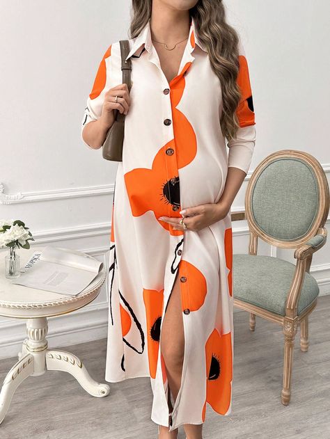 Maternity Front Button Down Collar Long Sleeve Allover Allover Print Long Dress Apricot Casual  Three Quarter Length Sleeve Woven Fabric Colorblock,Graphic,All Over Print Shirt Non-Stretch  Maternity Clothing, size features are:Bust: ,Length: ,Sleeve Length: Maternity Dresses Casual, Shein Maternity, All Over Print Shirt, Belted Shirt Dress, Printed Long Dresses, Maternity Clothing, Button Down Collar, Print Shirt, Dresses Casual