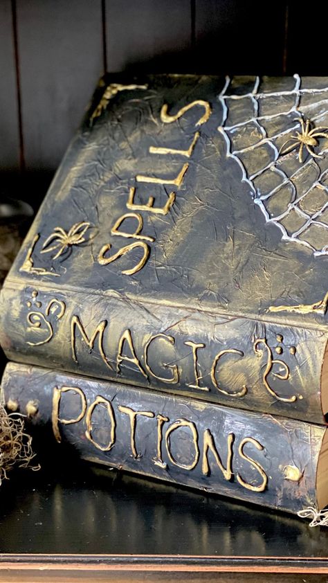 🧙🏼‍♀️As promised Witches, here is my video on how to make your own Halloween Spell book candy bowl. If you make one yourself please be… | Instagram Halloween Potion Books Diy, Halloween Book Of Spells Diy, Halloween Diy Books, Diy Magic Book, Halloween Spell Books Diy, Diy Spell Books For Halloween, Spell Book Ideas, Diy Spell Book Cover, Diy Hocus Pocus Spell Book