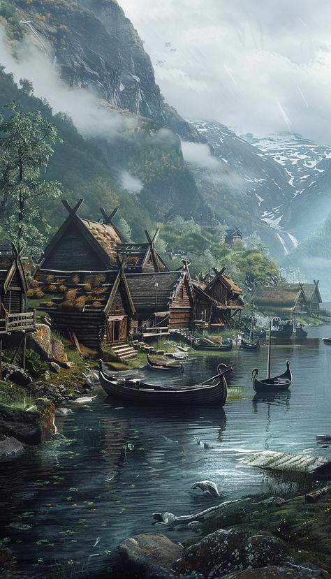 Viking Village Setting mountainside cottages longboats Norway Fantasy Art, Fantasy Viking Landscape, Fantasy Viking Village Concept Art, Viking Concept Art Environment, Viking Landscape Art, Small Village Concept Art, Medieval Coastal Village, Fantasy Sea Side Village, Viking Village Art