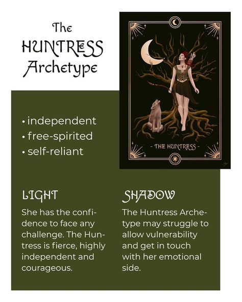 The Huntress Archetype is independent, free-spirited and self-reliant. The illustration by Anna Heimkreiter shows a strong woman walking through the woods in hunting attire, accompanied by a howling wolf under the moon. Part of an illustration series on the 7 Feminine Archetypes. The 7 Feminine Archetypes, Lover Feminine Archetype Style, Huntress Archetype Outfits, 7 Feminine Archetypes Quiz, Feminine Archetypes Huntress, The Huntress Feminine Archetype, The Huntress Archetype Style, Huntress Archetype Fashion, Bohemian Archetype Aesthetic