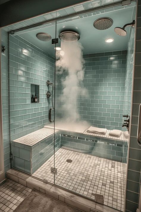 Mansion Shower Room, Beautiful Bathroom Tile Ideas, Jet Shower Bathroom, Sauna In Shower Room, Step Down Bathroom, Amazing Showers Walk In Master Bath, Dream Shower Walk In Couples, Shower With Steam Room, Luxury Spa Bathroom Master Bath