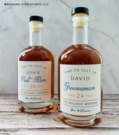 Custom Groomsman whiskey/tequila label Details: -High Quality weatherproof matte label Available Sizes: - 50ml mini shot label (2x2 inch) - 3oz (100ml) label (2x2 inch) - 6oz (200ml) label (3x2.25 inch) - 12oz (375ml) label (3x3 inch) - 750ml label (4x3.5 inch) - Wine 750ml label (3.5x4 inch)  To ensure a smooth application without any bubbles or wrinkles, we suggest measuring your bottle beforehand. Please note that the bottle in this photo is not included Our production time:  1-2 business days Our delivery time: - USPS First Class Mail (4-5 business days), track through Etsy site - USPS Priority Mail (2-3 business days)  - USPS Express Mail (1-2 business days)  Want to see more? Click here: https://www.etsy.com/shop/BananaChipStudio?ref=search_shop_redirect If you have any problems with Tequila Label, Officiant Proposal, Asking Groomsmen, Groomsmen Presents, Groomsmen Boxes, Best Man Proposal, Bridal Party Games, Groomsmen Proposal Gifts, Groomsman Proposal