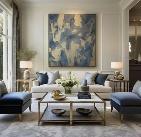 Blue Elegant Living Room, Navy Blue Formal Living Room, Classic French House Interior, Formal Sitting Room Ideas, Front Room Design, Formal Living Room Designs, Havenly Living Room, Transitional Interior Design, Navy Living Rooms