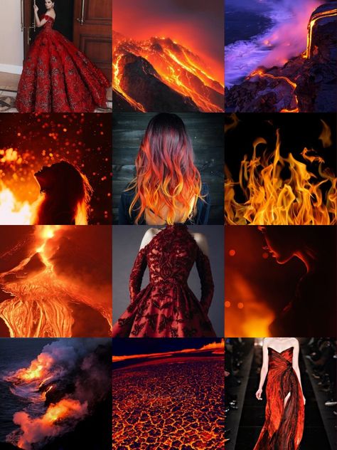 An aesthetic/collage, red orange black, lava, volcanos, fire, beautiful gowns, women, colorful hair Lava Aesthetic Wallpaper, Fire Moodboard Fashion, Lava Inspired Fashion, Goddess Of Fire Costume, Fire Goddess Dress, Fire Dress Aesthetic, Fire Crown Aesthetic, Fire Themed Dress, Fire Goddess Aesthetic