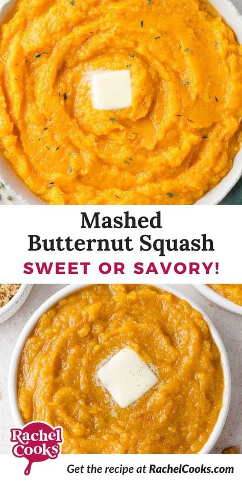 Whether you make it sweet or savory, mashed butternut squash will be a standout on your Thanksgiving table, or as a healthy side dish any day of the week! Butternut Squash Brown Sugar, Healthy Squash Recipes, Mashed Squash, Savory Butternut Squash, Mashed Butternut Squash, Butternut Squash Sweet, Baked Butternut Squash, Savory Recipe, Baked Squash