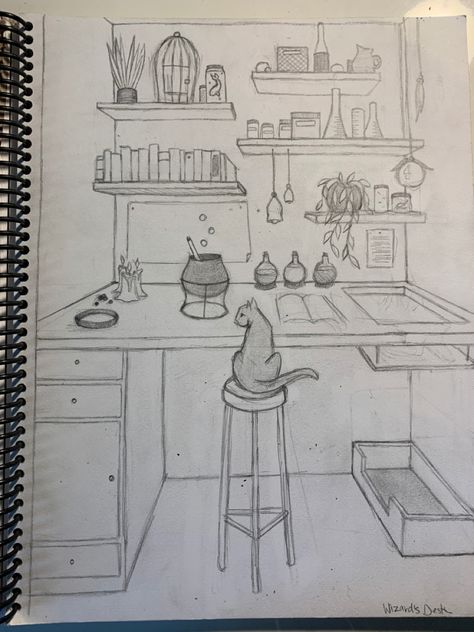 Terrwyn’s Desk How To Draw A Corner Of A Room, Messy Desk Drawing, Desk Drawing Sketch, School Desk Drawing, Table Drawing Sketch, Room Drawing Reference, Drawing Of A Room, Desk Sketch, Shelf Drawing