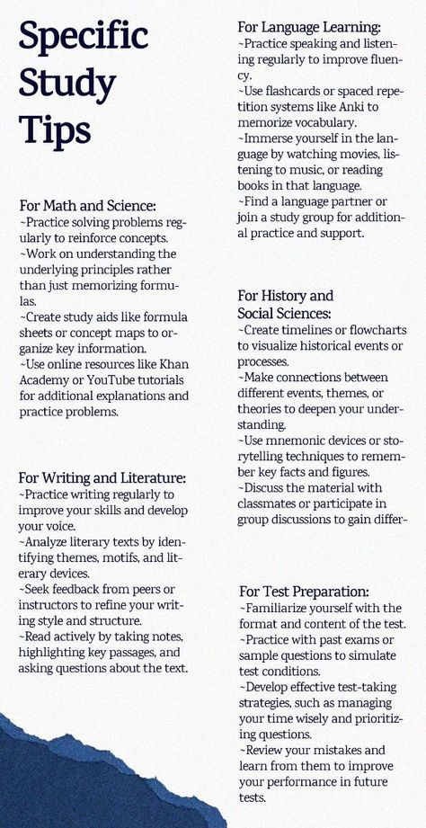 a brochure with the words specific study tips written in black and white on it Study Tips For Different Subjects, University Tips Study, Tips For Academic Success, Studying For Math Exam, College Study Inspiration, Academic Tips College, High School Exam Study Tips, Tips For Studying Science, Study Science Tips