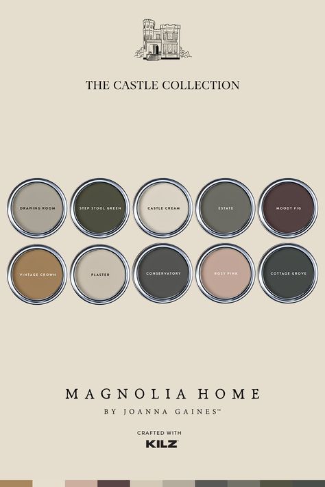 The Castle Collection has been released by Magnolia Home by Joanna Gaines®, a paint palette of ten brand new colors, many of which are named from Castle inspiration or personal connections to Joanna. Explore them all online. Magnolia Bathroom Paint Colors, Magnolia Farms Paint Colors, Magnolia Paint Palette, Magnolia Castle Bathroom, Joanna Gaines Home Paint Colors, Green White Paint Colors, Magnolia Paint Colors Joanna Gaines Bedroom, Magnolia Beige Paint Colors, Magnolia Homes Paint Colors Living Room