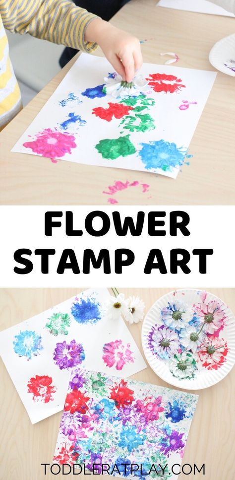 Flower Stamp Art - Toddler at Play Painting With Fake Flowers, Flower Art Activities For Toddlers, Flower Art Activities For Preschool, Spring Art Infants, Spring Activities For Babies, Infant Spring Crafts, Spring Activities For Infants, Spring Art For Infants, Flowers Crafts For Toddlers