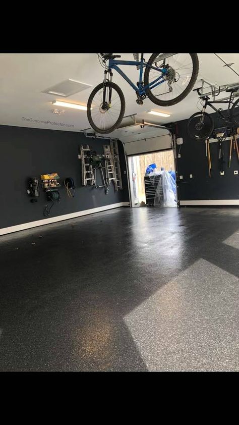 Grey Painted Garage Walls, Garage Grey Walls, Black Wall Garage, Painted Garage Walls Ideas, All Black Garage Interior, Garage Interior Colors, Black Interior Garage, Dark Garage Walls, Black Garage Interior Walls