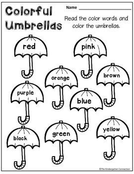 FREE color word umbrellas! Part of an April themed printables pack for… Weather Math Worksheets Preschool, Preschool Weather, Listening Center, Kindergarten Colors, Weather Theme, Weather Unit, Preschool Colors, Color Worksheets, Kindergarten Reading