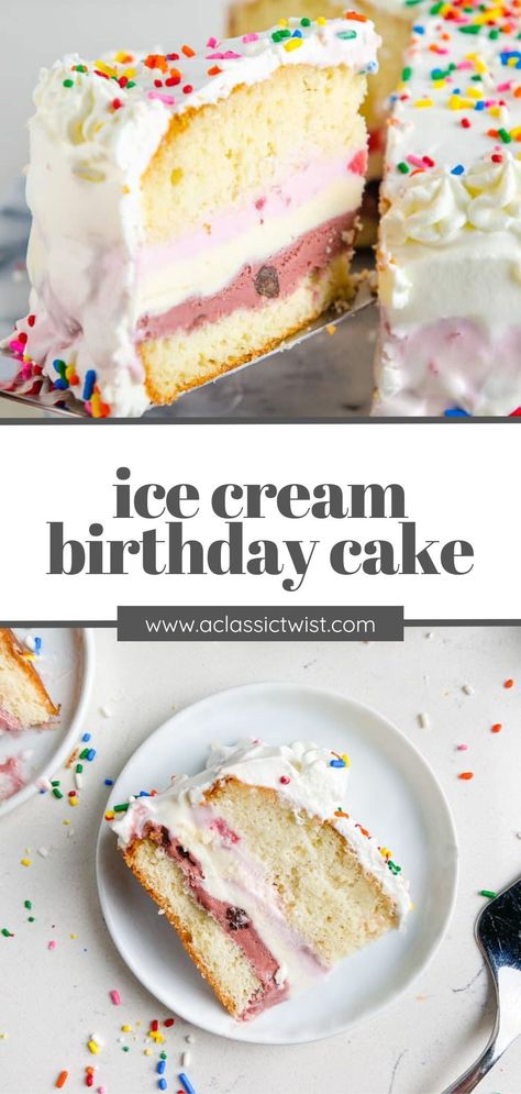 A classic birthday ice cream cake with three layers of ice cream sandwiched between fluffy vanilla cake - perfect for parties! Vanilla Ice Cream Cake Recipe, Diy Ice Cream Cake Birthdays, Ice Cream Cake Vanilla, Ice Cream Sheet Cake, Ice Cream Cakes Homemade, Ice Cream Cake Birthday, Healthy Ice Cream Cake, Nice Desserts, Easy Ice Cream Cake Recipe