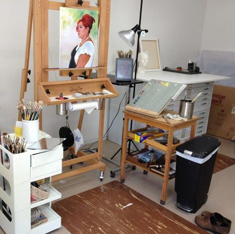 Oil painting area Appartement Design Studio, Art Studio Ideas, Small Art Studio, Studio Apartment Design, Workspace Desk, Art Studio Organization, Christopher Guy, Art Studio Design, Studio Desk