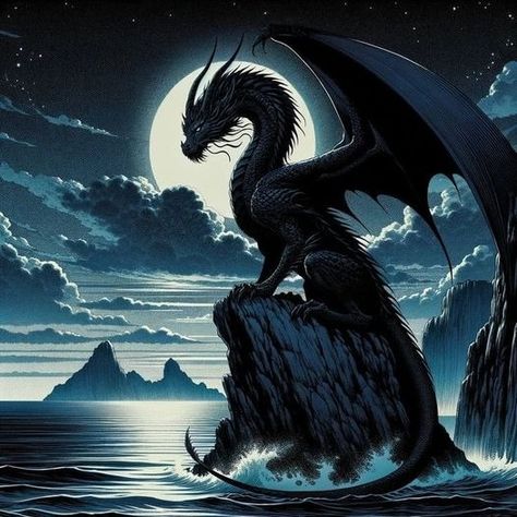 Twilight Dragon, Dragon Perched, Mysterious Eyes, Dragon Moon, Dark Dragon, Fairy Paintings, Dragon Artwork Fantasy, Fantasy Style, Sea Dragon