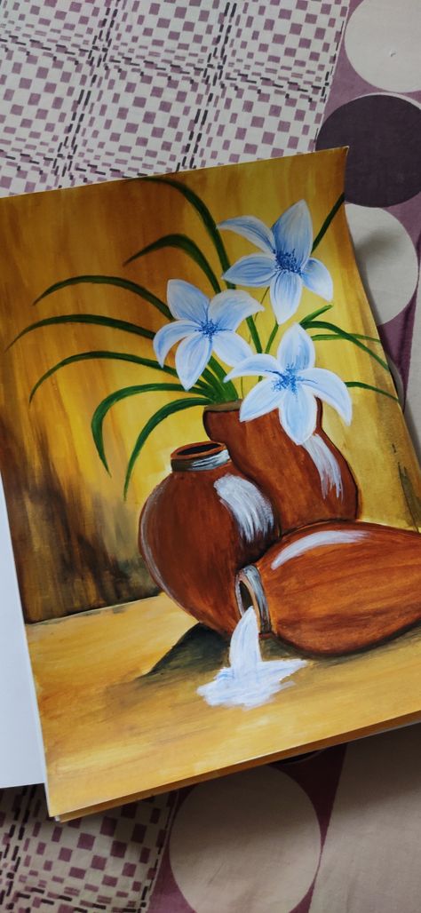 Brown pot with yello background and white blue flowers Flower Drawing Poster Colour, Flower Pot Canvas Painting, Flower Pot Painting On Canvas, Flower Pot Drawing With Colour, Flower Pot Drawing Painting, Flower Pot Acrylic Painting, Blue Monochromatic Painting, Flower Vase Drawing, Canvas Painting Projects