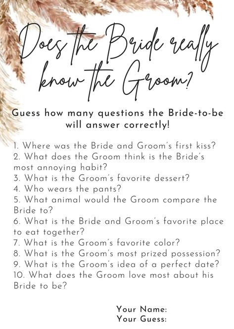 Does The Bride Know The Groom, How Well Do You Know The Groom, How Well Does The Bride Know The Groom, Questions About The Groom, Wedding Reception Games, Bridal Shower Activities, Bridal Shower Planning, Bachelorette Party Planning, Bridal Shower Inspiration