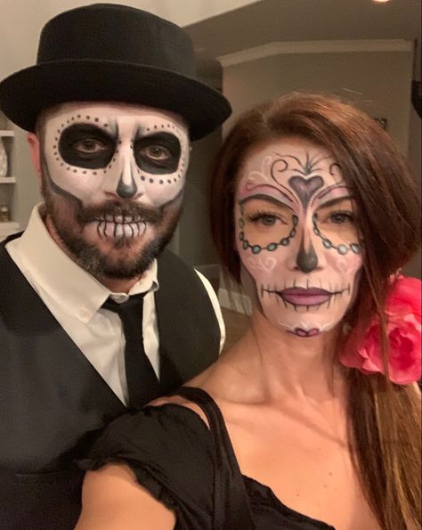 Sugar skull couple Skull Makeup With Beard, Skull Makeup Beard, Day Of The Dead Makeup Men Beard, Sugar Skull Makeup For Men, Sugar Skull Makeup Easy Men, Skull Face Paint For Men With Beard, Sugar Skull Face Paint Men, Day Of The Dead Face Paint Men, Couple Skull Makeup