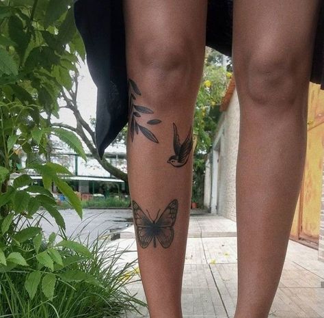 Side Of Shin Tattoo, Back Of The Knee Tattoos For Women, Leg Leaf Tattoo, Upper Thigh Wrap Around Tattoo, Leaf Knee Tattoo, Leaf Leg Tattoo, Tattoo Leg Placement, Front Shin Tattoo For Women, Tattoo Tibia