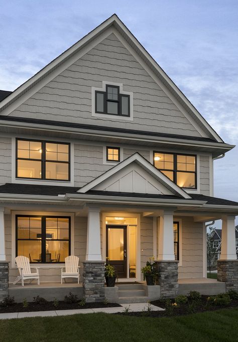 Craftsman With Black Windows, Tan House Black Accents Exterior, Black House Windows Exterior, Black Windows With White Trim Exterior, Tan Houses With Black Trim, Light Sage Exterior House Colors, Lake House Black Windows, Ranch House Black Windows, Black And White Cabin Exterior