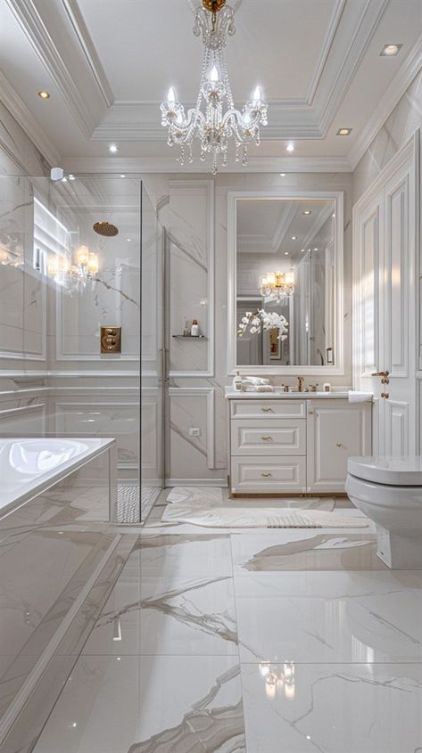 53+ Elegant Master Bathroom Ideas - DecorWithEva Amazing Bathrooms Master Baths, High Ceiling Bathroom, High End Bathroom, Classy Bathroom, Wall Panels Bedroom, Luxury Master Bathrooms, Dark Bathrooms, White Bathroom Designs, Sophisticated Bathroom