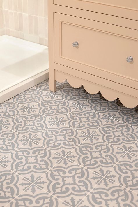 The Fiorella collection of patterned decorative tiles offer an elegant and charming decorative tile perfect for kitchens, bathrooms, hallways and entrances alike. In a classic square tile, the Fiorella Duck Egg patterned tile has a traditional pattern in off white and soft blue tones. Rectified: No (see installation information for further details) R Rating: R10 Variation: V1 Low variation Pattern Repeat: 1 tile Tiles Per Box: 30 tiles  PEI Rating: 3 Composition: Porcelain Recycled Content: Mini Bathroom Floor Pattern, Small Bathroom Flooring, Patterned Bathroom Tile, Tiles Hallway, Moroccan Style Bathroom, Quorn Stone, Patterned Kitchen Tiles, Patterned Bathroom Tiles, Toilet Tiles