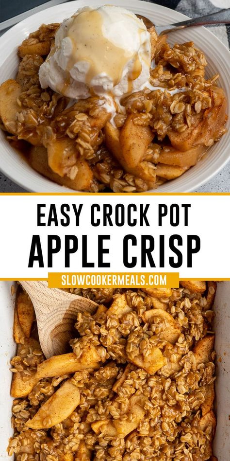 Close up of crock pot apple crisp with vanilla ice cream on top. Apples Going Bad Recipes, Crock Pot Apple Crisp, Delicious Apple Crisp, Dessert List, Crumble Recipes, Crockpot Apple Crisp, Crockpot Desserts, Work Breakfast, Crockpot Apple