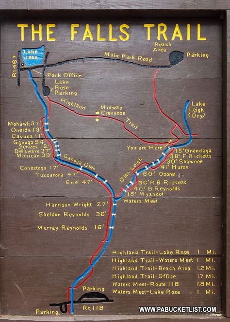 A map of the Falls Trail at Ricketts Glen State Park. Ricketts Glen State Park Hiking, Ricketts Glen State Park, Ricketts Glen, Luzerne County, State Park Camping, Famous Waterfalls, Hiking Adventures, Trail Map, Adventure Guide