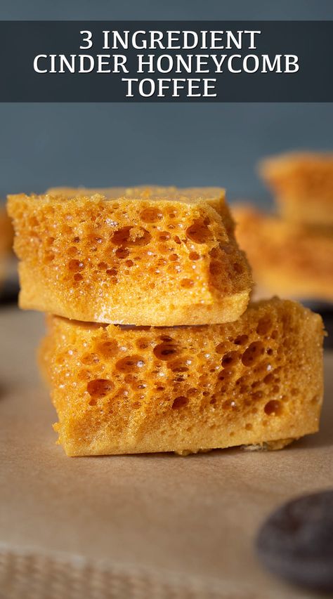 A crunchy, stick-to-your-teeth treat. 3 Ingredient Cinder Honeycomb Toffee is a popular sweet treat the can also be coated in chocolate. #cindertoffee #honeycombtoffee #hokeypokey Honeycomb Toffee, Pan Desserts, Honeycomb Recipe, Baked Desserts, Homemade Toffee, Lemon Pound Cake Recipe, Brittle Recipes, Toffee Recipe, Homemade Sweets