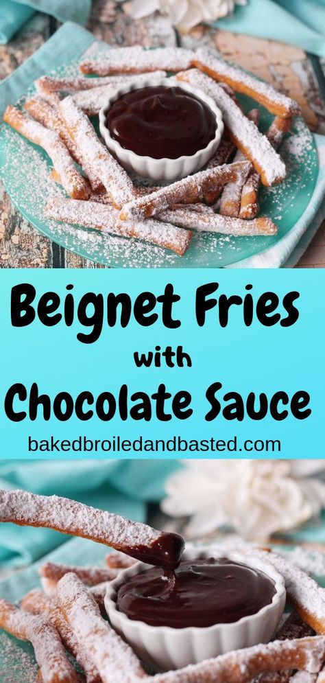 This are inspired by the traditional french donut but the dough is cut into strips. Fried to a golden brown then coated with powdered sugar. As if that isn't enough ..dip them in a decadent chocolate sauce. Pure prefection!! #beignet,#beignetfries,#nolabeignetfries,#friedbeignets,#nolafood,#beignetfriesandchocolate,#yummy,#getinmybelly,#fairfood French Donuts, French Recipes, Fair Food, Dessert Party, Coffee Cakes, Sweet Rolls, Summer Dessert Recipes, Fall Food, Chocolate Donuts