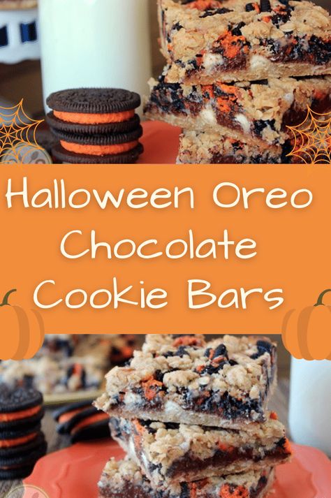 Halloween Oreo Chocolate Cookie Bars – | Baby Gizmo Halloween Oreo Cake Bars, Pillsbury Halloween Cookies, Oreo Cookie Bar, Oreo Bars, Happy Cakes, Chocolate Cookie Bars, Chocolate Chip Pudding, Halloween Oreos, Boo Bash