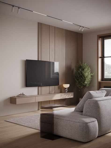 Minimalist beige apartment design on Behance Flush Tv Wall, Beige Apartment, Japandi Living Room Design, Small Tv Room, Japandi Living Room, Japandi Living, Minimalist Living Room Design, Living Tv, Latest Living Room Designs