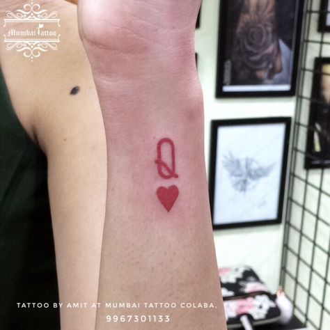 Queen & Heart Tattoo Q❤️tattoo. @mumbaitattoocolaba  @bigguystattoo . #tattoo #coupletattoo #queentattoo #hearttattoo #linetattoo #intialtattoo #nametattoo #lovetattoo #crown #couplesgoals #mumbaitattoo #mumbaitattoocolaba #bigguystattoo Q Heart Tattoo, Q Tattoo Queen, Q Of Hearts Tattoo, Secret Heart Tattoo, Queen Hearts Tattoo, Queen Of Hearts Tattoo Small, Queen Heart Tattoo, Queen Of Heart Tattoo, Heart Face Tattoo