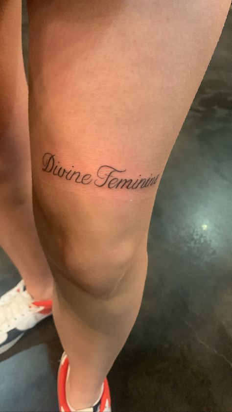 Divine Feminine Tattoo Above Knee, Define Feminine Tattoo, Devine Feminine Tattoos, Devine Feminine Art Tattoo, Devine Tattoo, Feminine Thigh Tattoos, Divine Feminine Tattoo, Birthday Tattoos, Baddie Tattoos