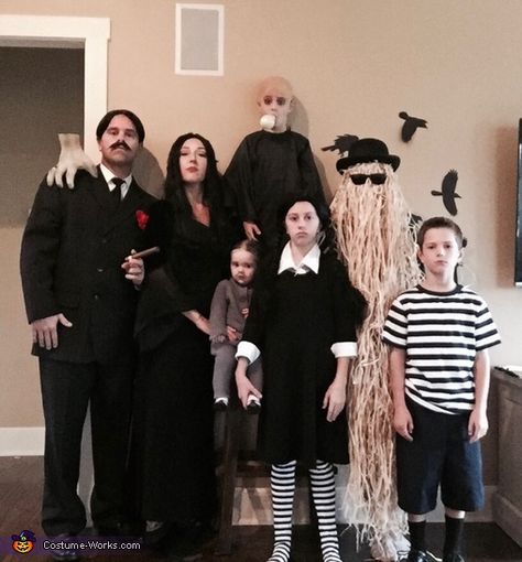 Our family dresses up every Halloween what could be better then the spooky Addams family!. The Adam’s Family Costumes, Adams Family Costumes For Family, Adams Family Costume Family Of 5, Adams Family Halloween Costumes Diy, Diy Adams Family Halloween Costumes, The Adams Family Halloween Costumes, Adam Family Halloween Costume, Addams Family Costumes Group, Addams Family Family Costumes