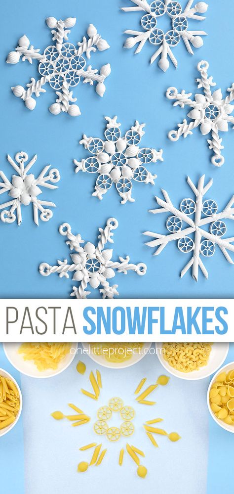 Pasta Snowflake Craft, No Bake Ornaments For Kids, Christmas Elementary Crafts, Winter Tree Crafts For Kids, Christmas Tree Ornament Crafts For Kids, Snowflake Projects For Kids, Christmas Noodle Crafts, Holiday Kid Crafts, Kindergarten Snowflake Art