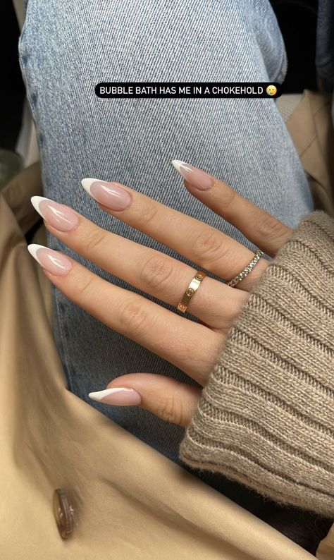 Almond Acrylic Nails White Tip, Almond Shape French Tip Nails With Rhinestones, Square Vs Almond French Nails, Bridal Nails Wedding Almond, Fun Wedding Guest Nails, French Mani Ideas, Popular Nail Shapes 2023, Sharp Almond French Tip Nails, Almond French Tip Nails With Design Summer