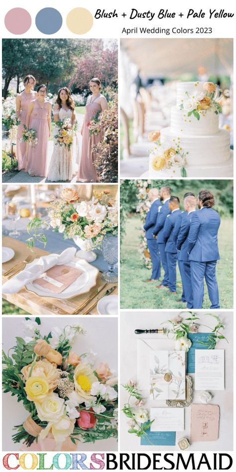 blush, dusty blue, and pale yellow April wedding colors for 2023, blush bridesmaid dress, white bridal gown, dusty blue groomsmen suits, blush and pale yellow flowers in wedding cake, wedding table setting and bridal bouquet, wedding invitation with blush and dusty blue cover. #weddingideas #bridesmaiddresses #springweddings #aprilwedding #colsbm #2023 #blushwedding Dusty Blue Blush Yellow Wedding, Dusty Blue Pink And Yellow Wedding, Blue Pink Yellow Wedding Color Palettes, Blue Yellow Pink Wedding, Dusty Blue And Peach Wedding Theme, Light Blue And Yellow Wedding, April Wedding Colors, Pink Yellow Weddings, Dusty Rose Wedding Colors