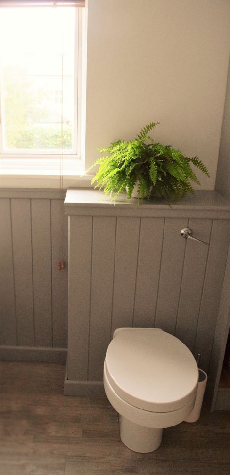 Simple loo with flush built into grey tongue and groove panelling - our finished bathroom Built In Toilet Cistern, Tongue And Groove Toilet, Tongue And Groove Bathroom, Cloakroom Ideas, Tounge And Groove, Bathroom Cottage, Closet Under Stairs, Bathroom Splashback, Small Downstairs Toilet