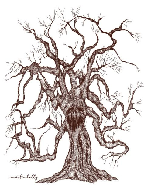 Halloween tree, spooky oak, jack o'lantern, pumpkin, sketch Haunted Tree Drawing, Halloween Tree Drawing, Tree Outline Silhouettes, Spooky Tree Tattoo, Spooky Tree Drawing, Creepy Tree Drawing, Pumpkin Drawing Art, Lantern Drawing Simple, Fall Tree Drawing