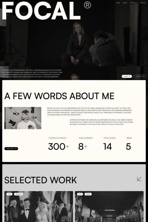 Explore Focal, a modern dark Black and White Minimalist Webflow website template. Perfect for creative professionals, this template offers a sleek design with a focus on showcasing work elegantly. Ideal for photographers, it presents a well-balanced layout and immersive user experience. Elegant Website Design Layout, Minimalistic Website Design Inspiration, Black And White Web Design, Minimalist Portfolio Website, Creative Studio Website, Black Presentation Design, Web Design Portfolio Website Layout, Minimalist Portfolio Design, Black And White Website Design