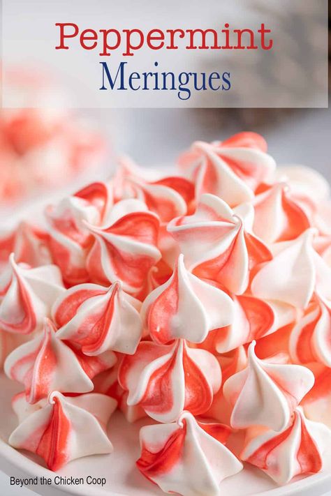 Peppermint Meringues Peppermint Meringue Cookies, Peppermint Meringue, Easy Meringue Cookies, Simple Sweets, Low Calorie Cookies, Easy Meringues, Peppermint Meringues, Meringue Cookie Recipe, Delicious Christmas Cookies