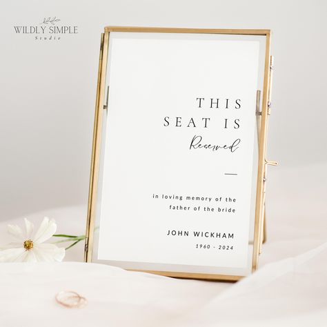 Remember and honour your loved ones with our minimalist "Reserved for Deceased" sign, perfect for weddings and special occasions. With three sizes included--4x6, 5x7, and 8x10 inches--this editable Canva template allows you to create a beautiful memorial sign that fits perfectly into your celebration. Simply print at home to save a chair for those no longer with us, ensuring that deceased family members are recognised during your special day. Our customisable photo option adds a personal touch, Reserved Seat For Lost Loved One, Wedding In Memory Sign, Saved Seats For Loved Ones Wedding, Wedding Reserved For Deceased, In Memory Signs For Wedding, Memorial Wedding Ideas, Honoring Loved Ones At Wedding, In Memory Of Wedding Ideas, Reserved Wedding Signs